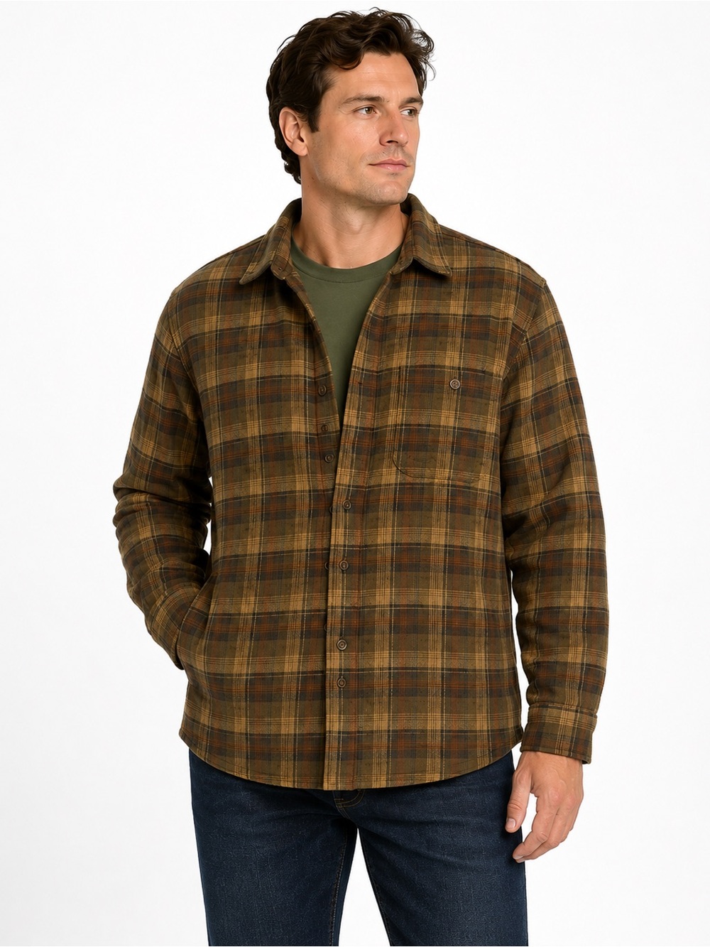 Woolrich Men’s L Olive Ombre Plaid Flannel Shirt Jacket Cotton Lined